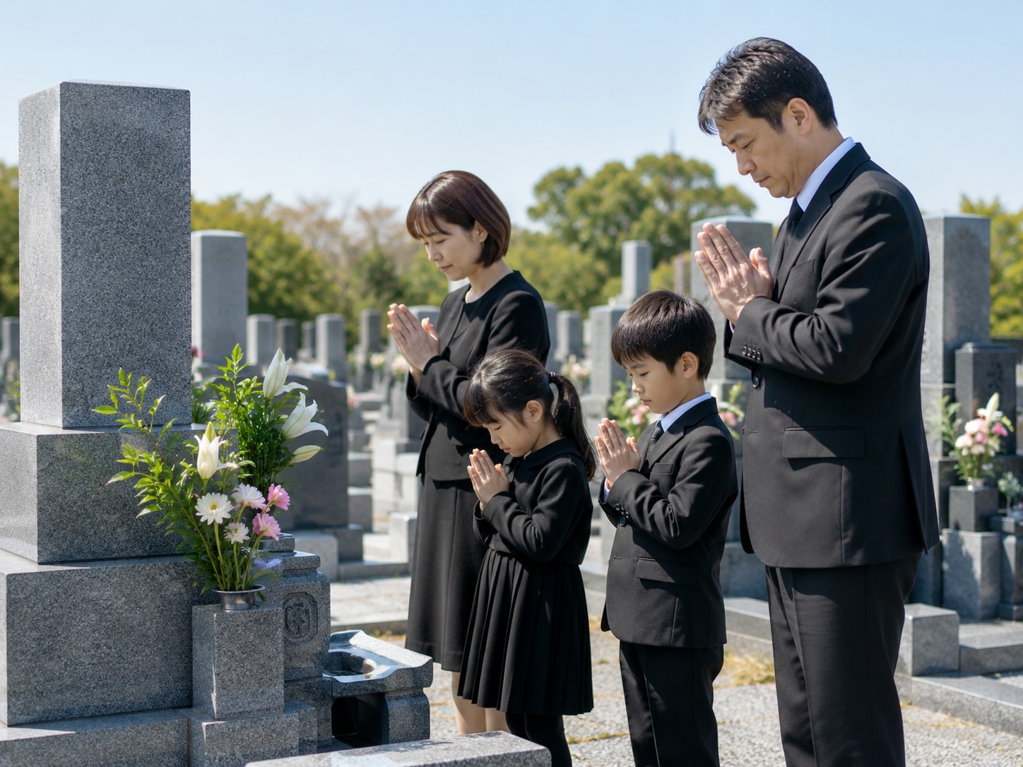 家族だけで故人のお墓参りをする様子