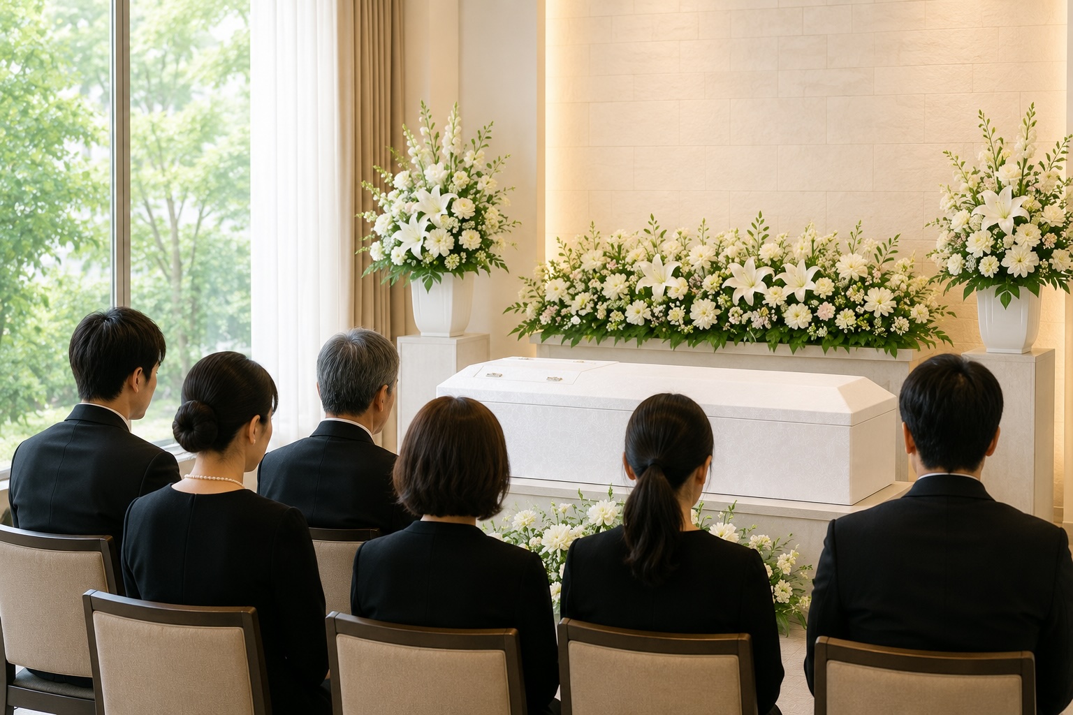 白い棺を囲んで数人の家族が見送る一日葬