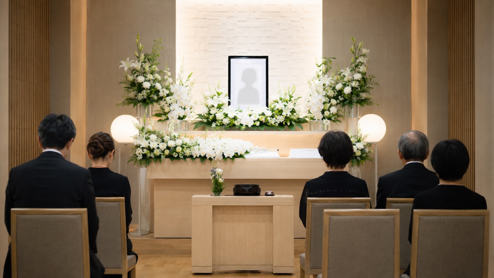 白い花の祭壇を前に少人数の家族が故人を見送る家族葬