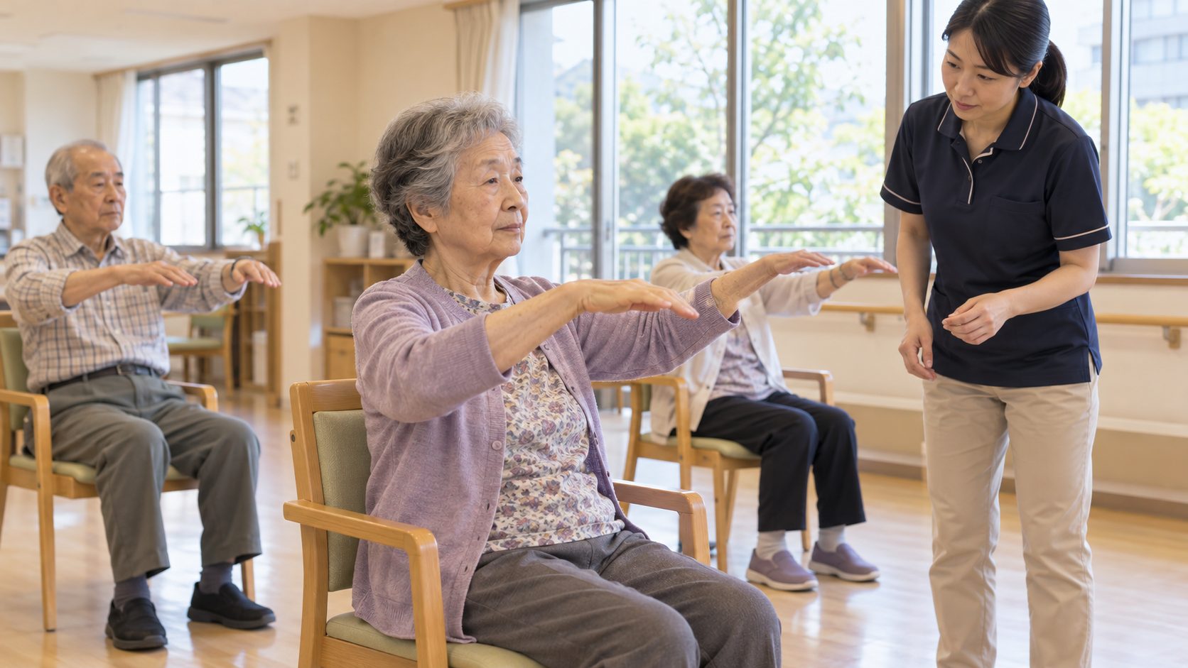 デイサービスの室内で、職員の見守りを受けながら椅子に座って腕を動かす高齢者たち