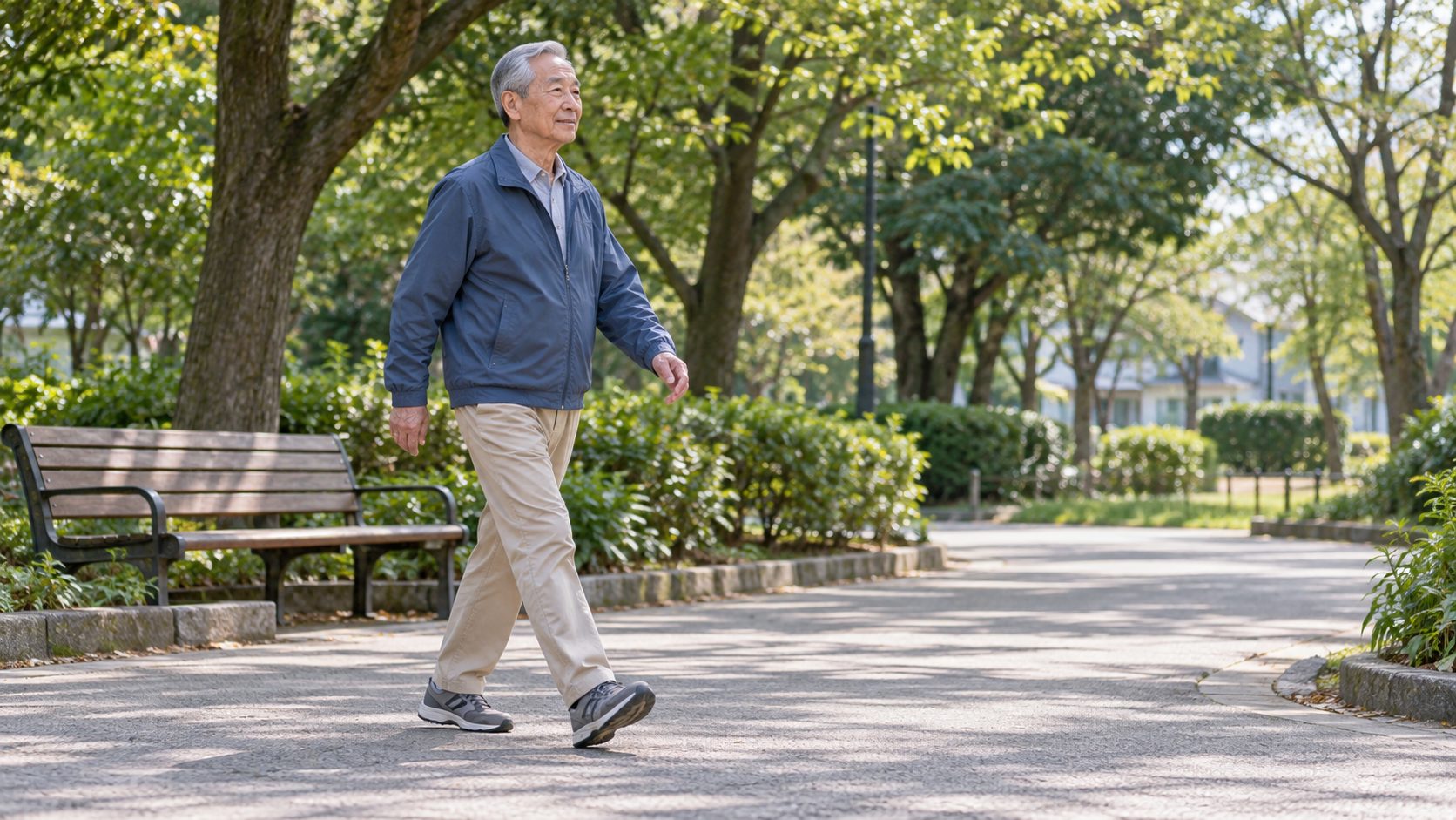 緑の多い公園の平坦な道を、前方を見ながら無理のない速さで歩く高齢男性