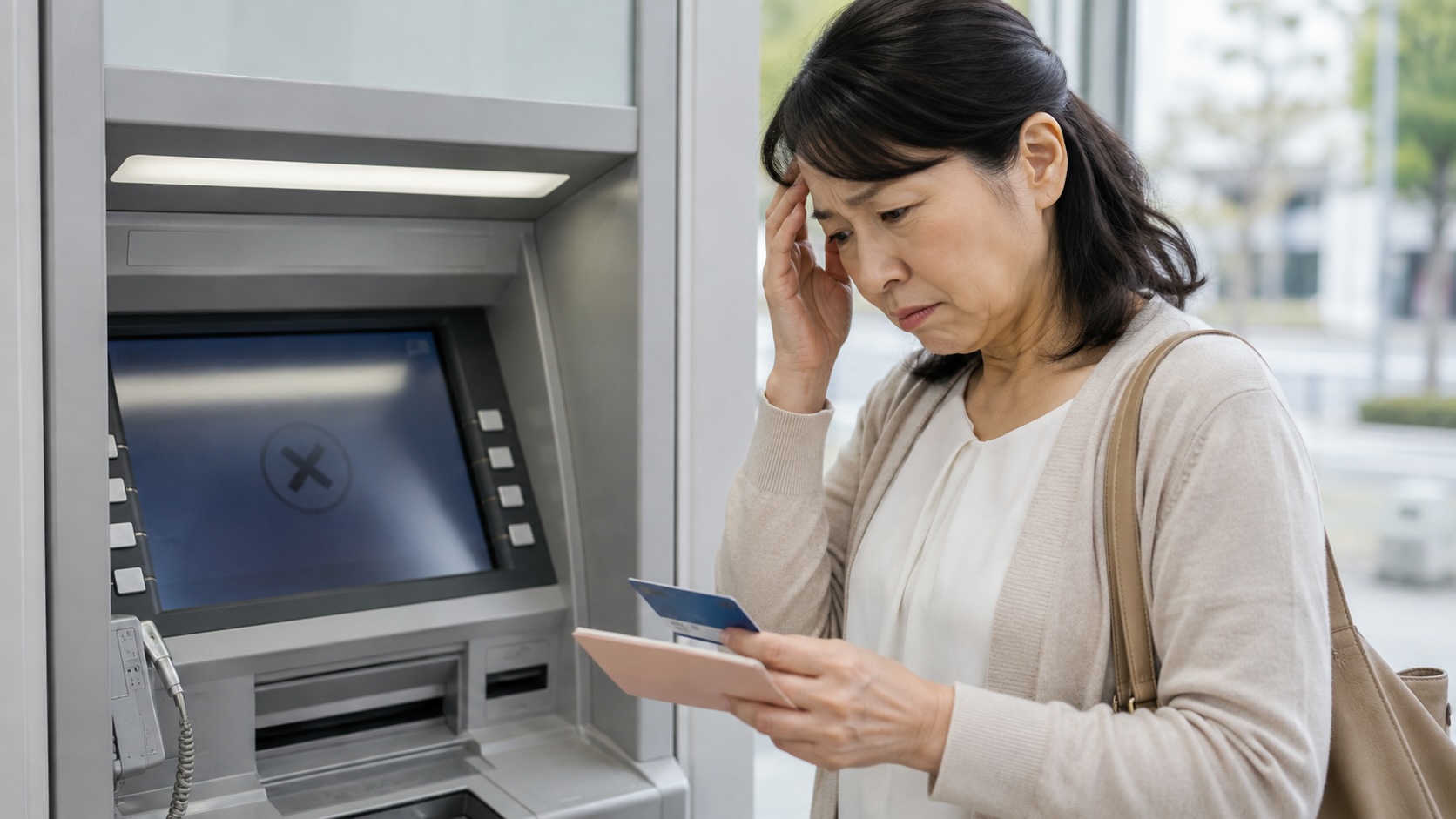 ATMで故人名義の口座からお金を引き出せず、通帳とカードを手に困っている遺族の女性