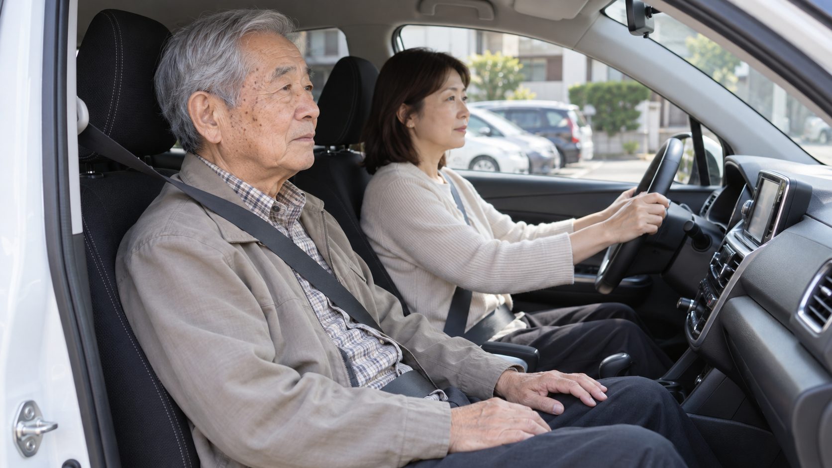 娘が運転席でハンドルを持つ車の助手席に、シートベルトを着けて座る高齢男性