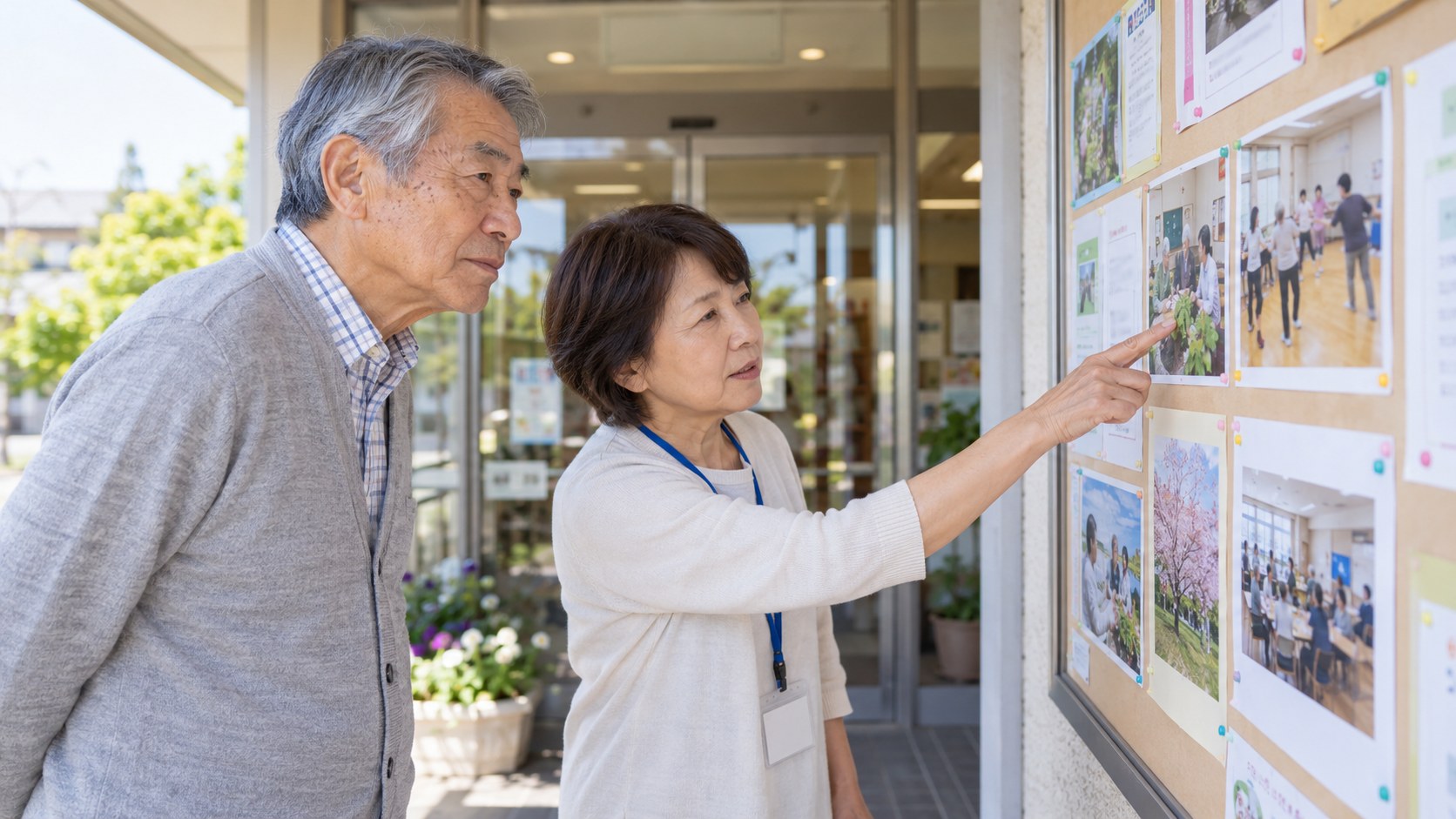 地域の施設で活動の掲示を案内してもらうシニアの男性