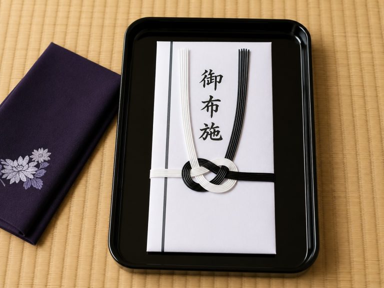 切手盆に載せた御布施と紫色の袱紗