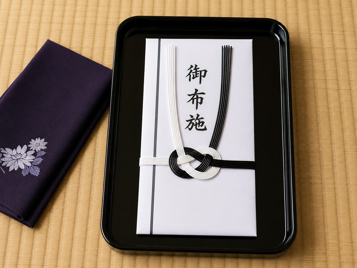 切手盆に載せた御布施と紫色の袱紗