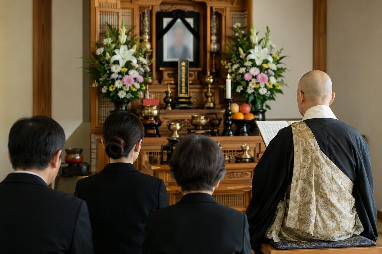 百箇日法要で僧侶が読経を行い、遺族が焼香する様子