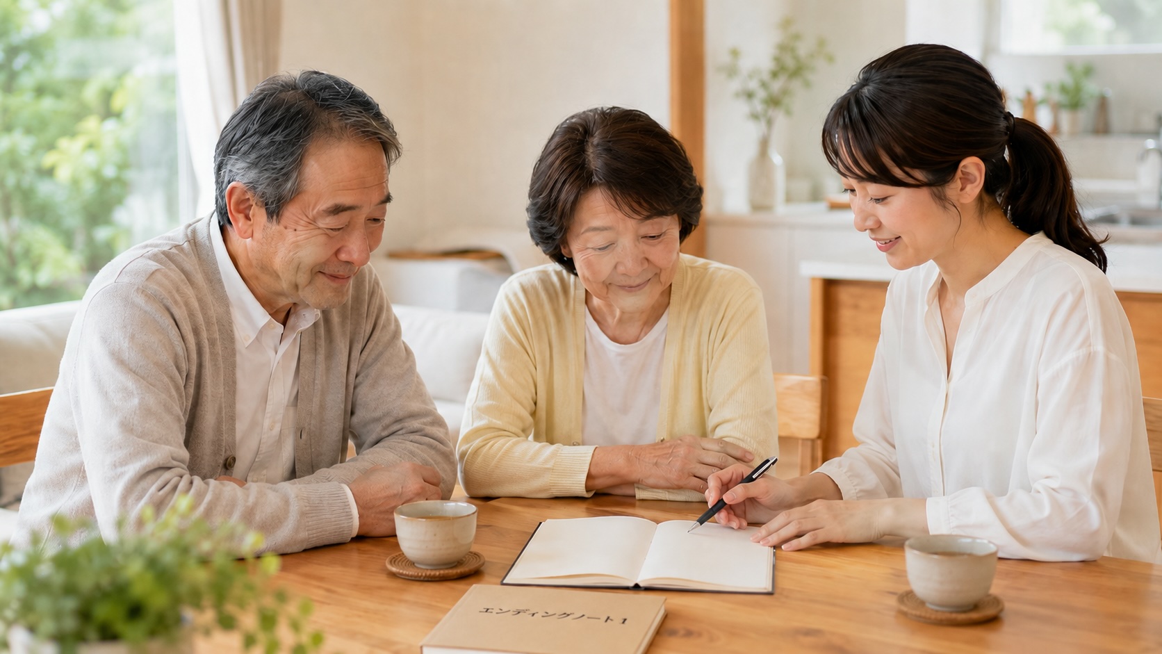 エンディングノートを囲んで将来について話し合う親子