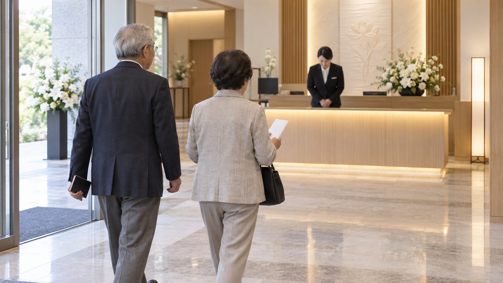 冠婚葬祭互助会の掛金を持参して葬儀会館を訪れる高齢夫婦