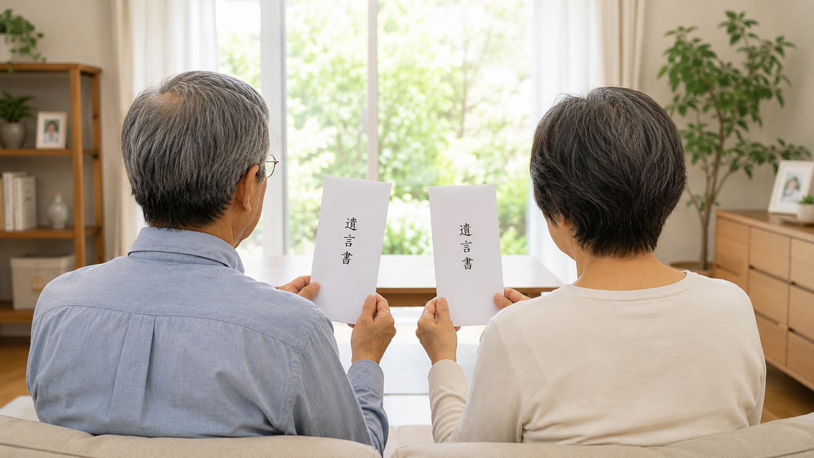 子どものいない高齢夫婦が、それぞれ遺言書を持って並んで確認している様子