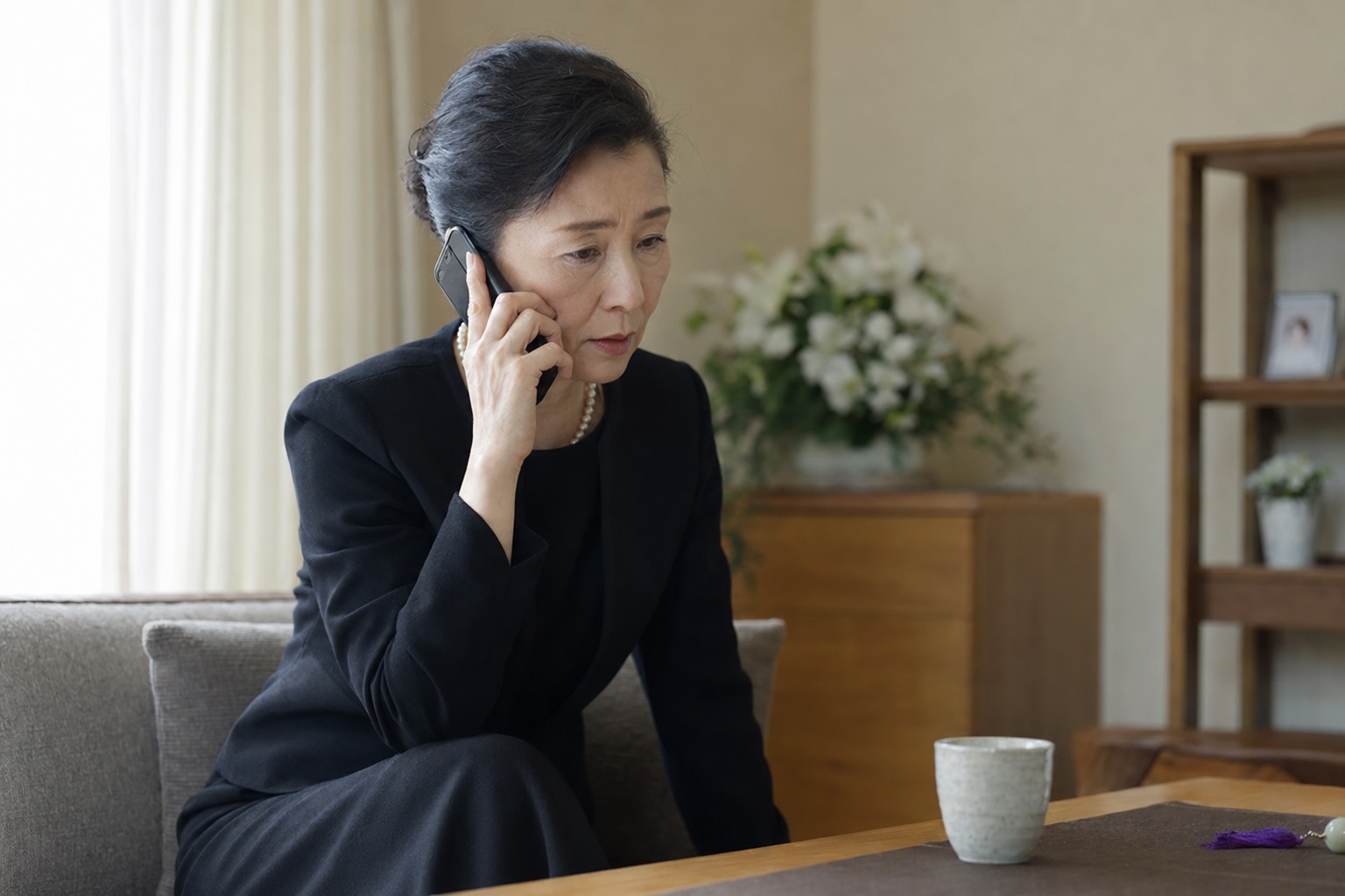 家族葬を終えたことを親戚へ電話で報告する遺族
