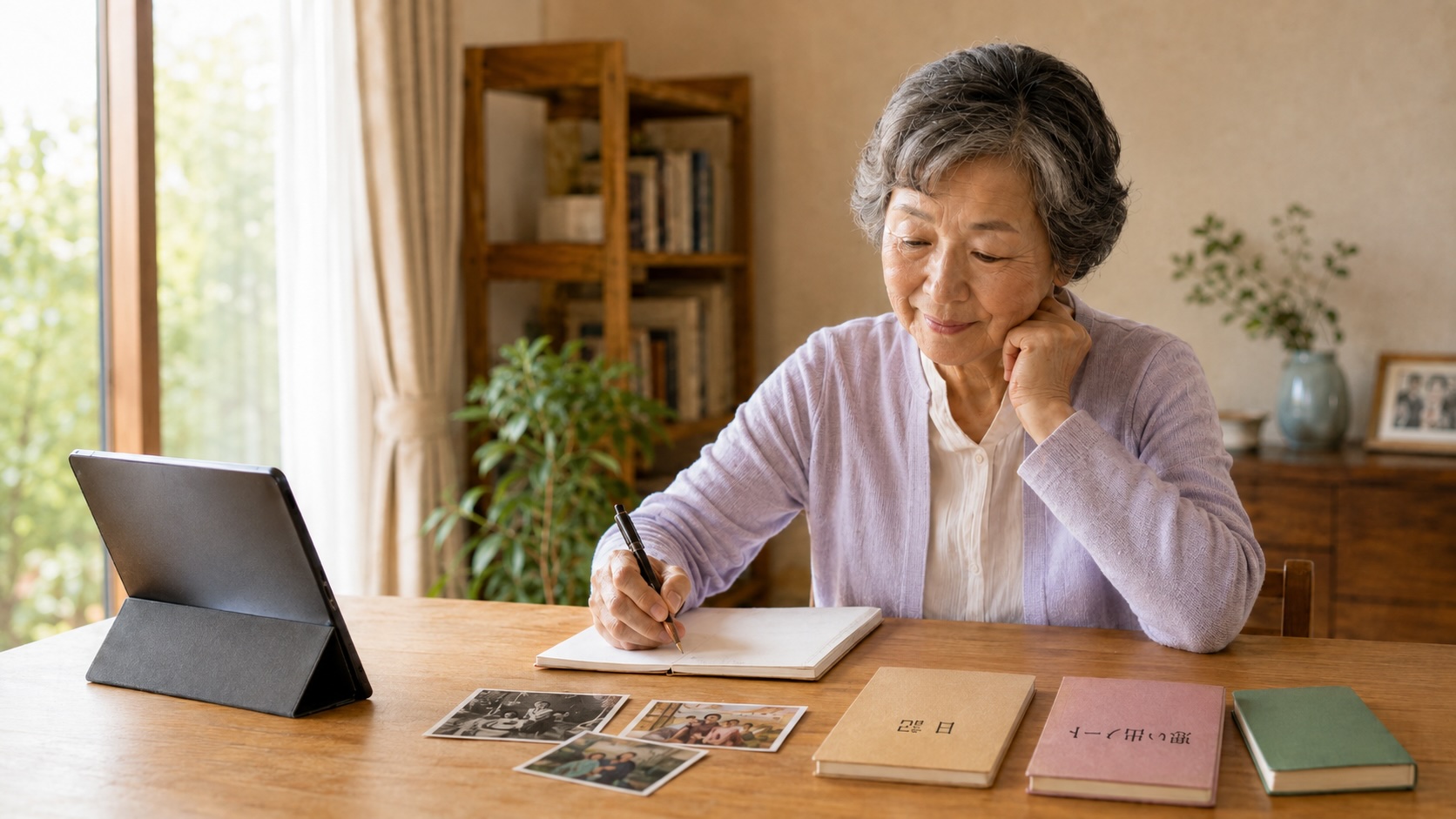 エンディングノートと日記を見ながら自分史を書く高齢女性