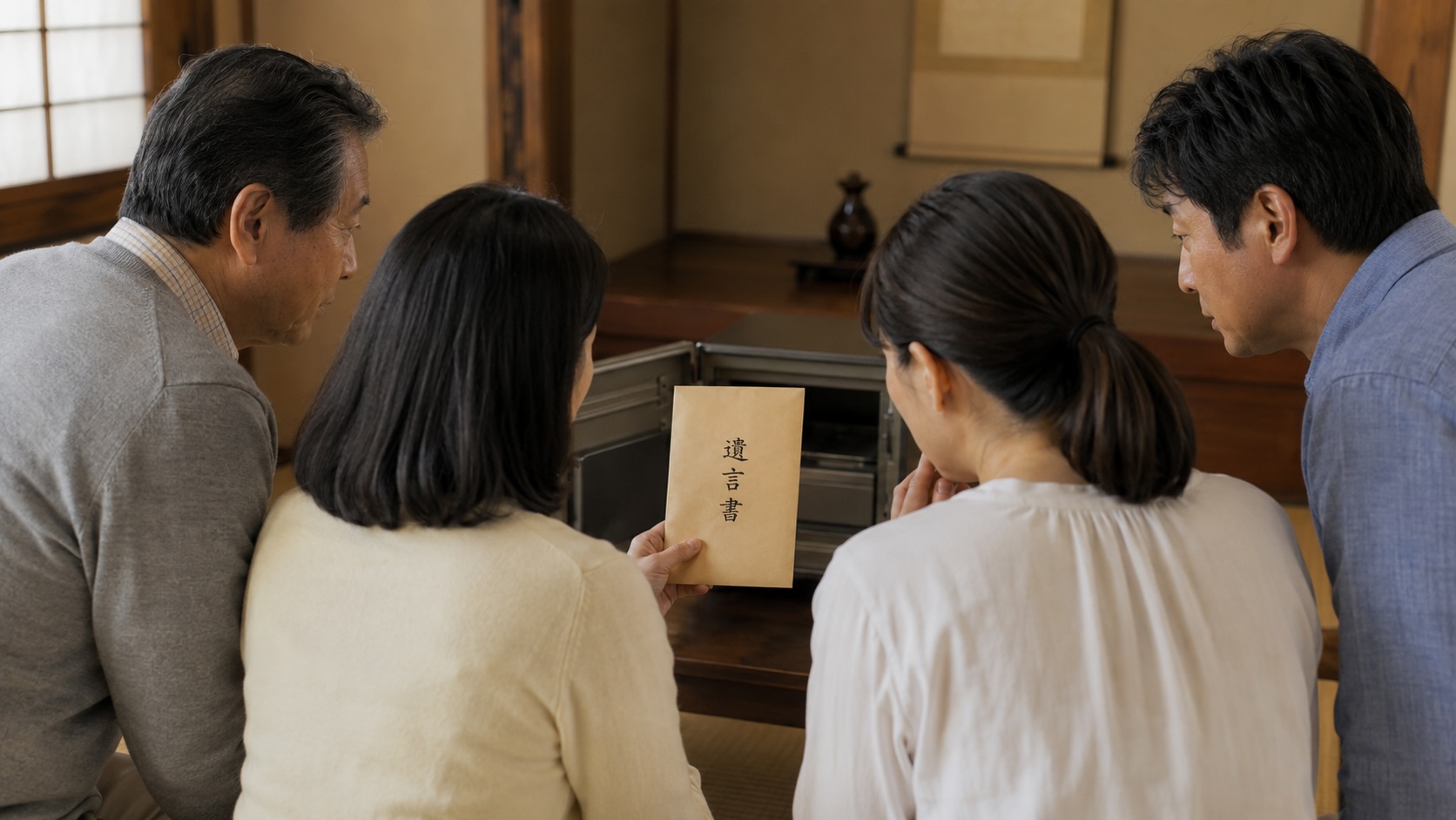 家族が金庫から見つかった自筆の遺言書を確認している様子
