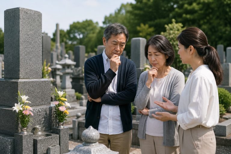 現在のお墓から新しい納骨先への改葬について相談する家族