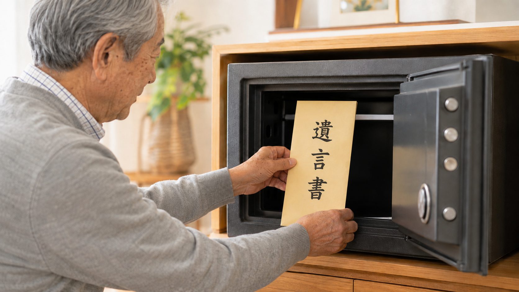 「自宅の金庫に縦書きの遺言書を保管する高齢男性」