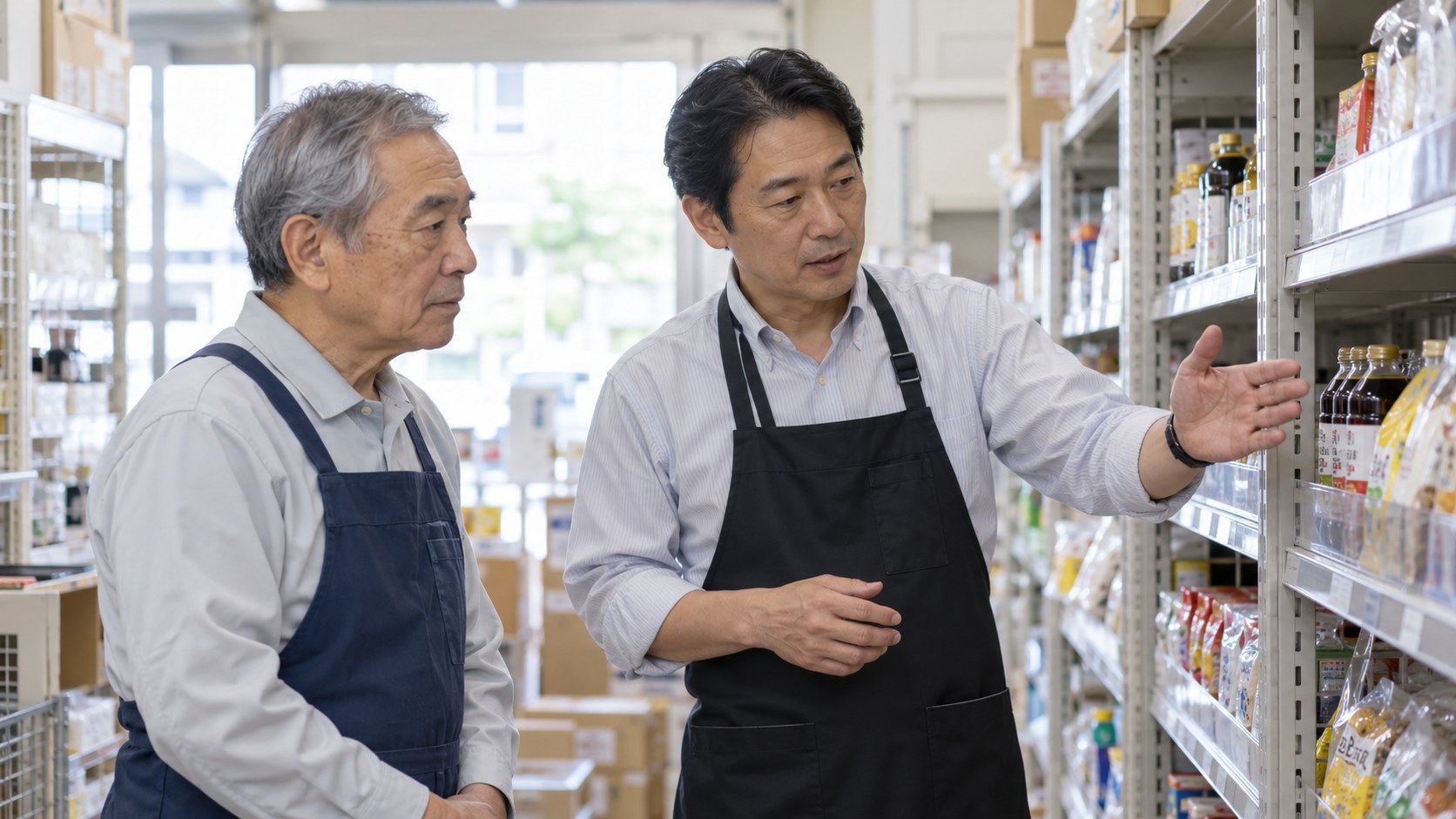 店舗の商品棚の前で担当者から仕事の説明を受けるシニアの男性