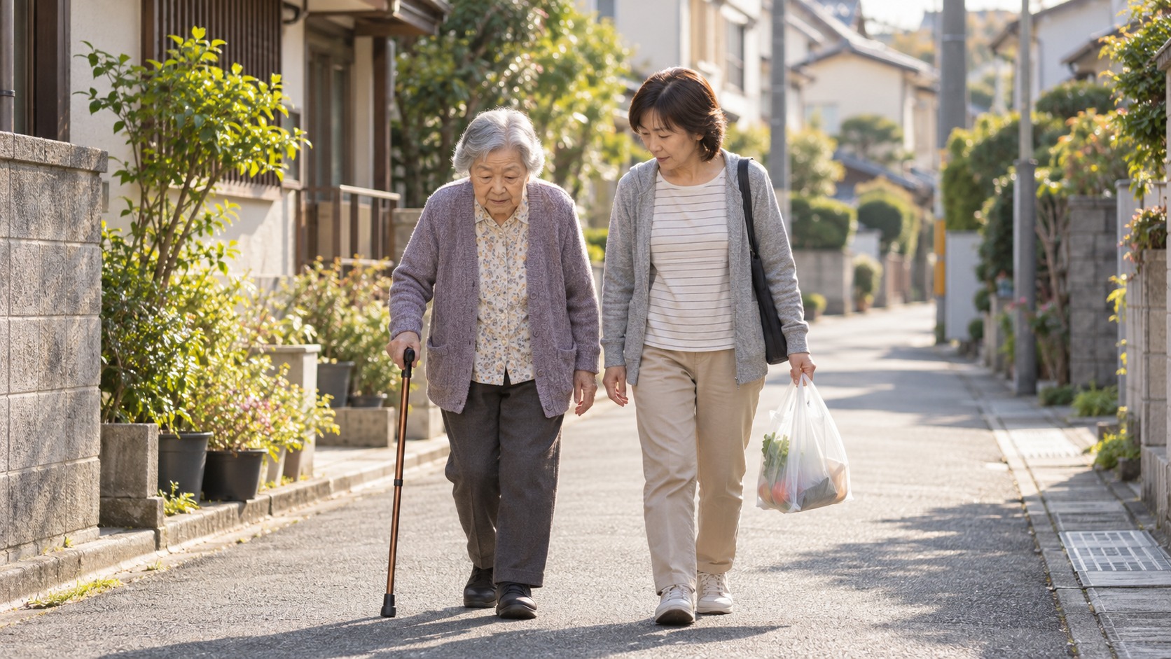 買い物袋を持つ付き添いの女性と住宅街を歩く高齢女性