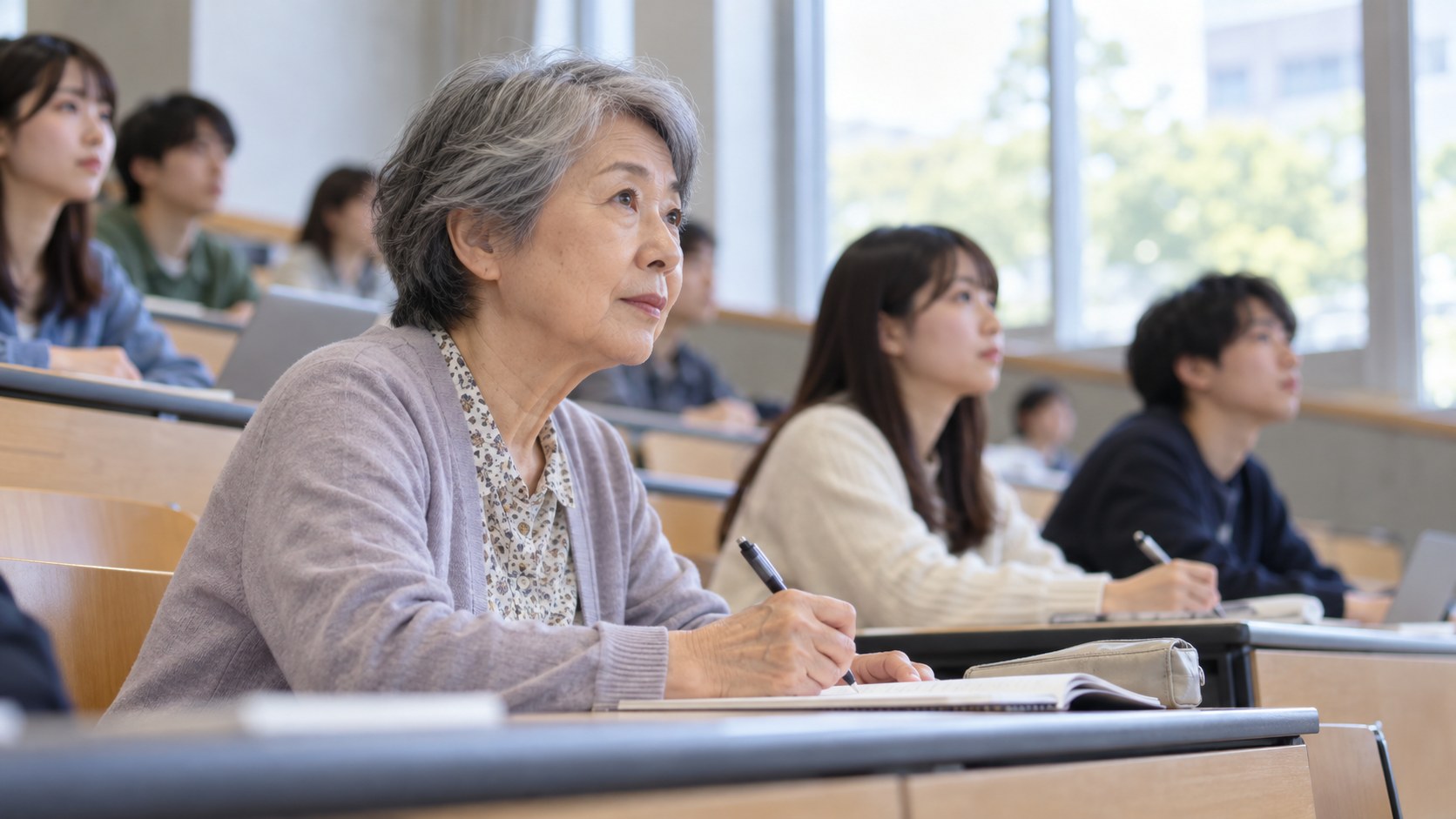 大学の講義室で若い学生と一緒に授業を受け、ノートを取るシニアの女性