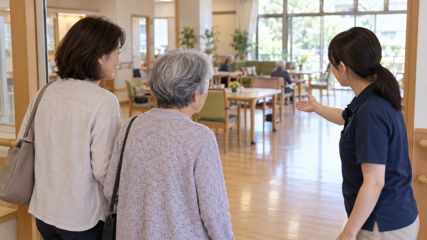 職員の案内を聞きながら、娘と一緒にデイサービスの室内を見学する高齢女性