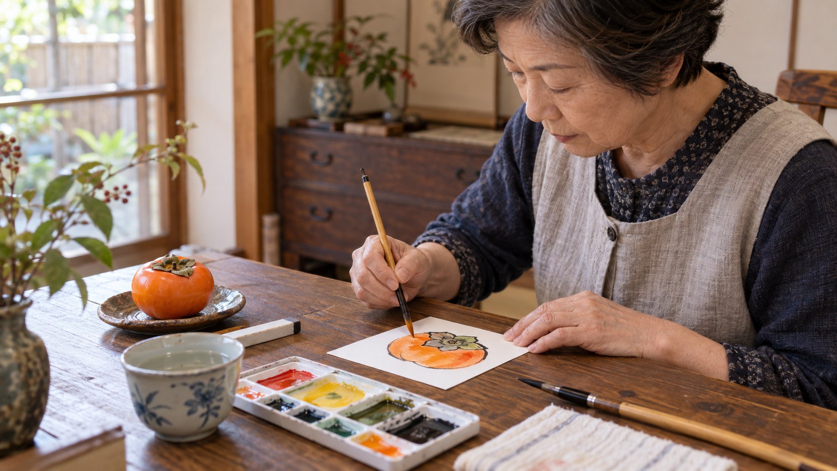 実物の柿を見ながらはがきに絵を描くシニアの女性