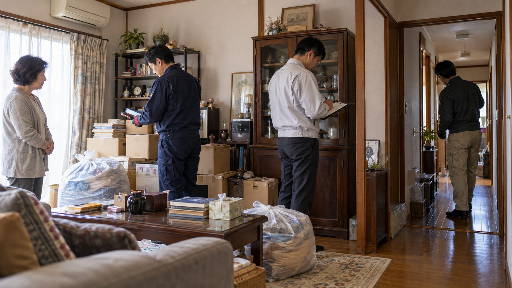 遺品整理の見積もりのため家の中を調査する複数業者
