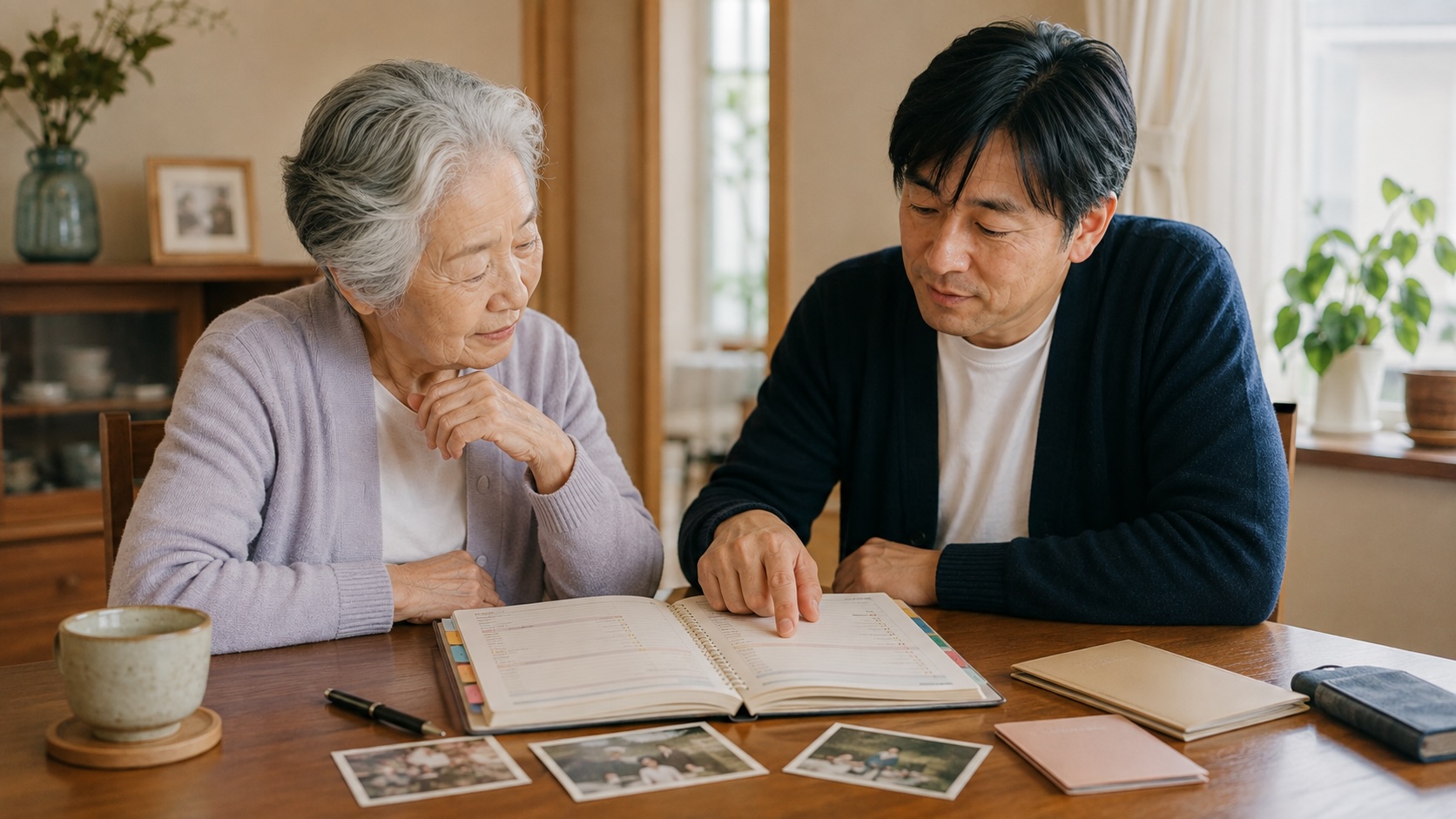 エンディングノートを一緒に確認しながら話し合う高齢の母親と息子