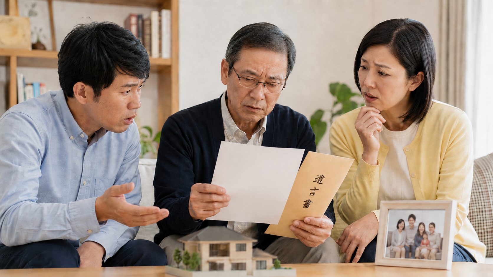 遺言書を確認しながら相続について話し合う家族