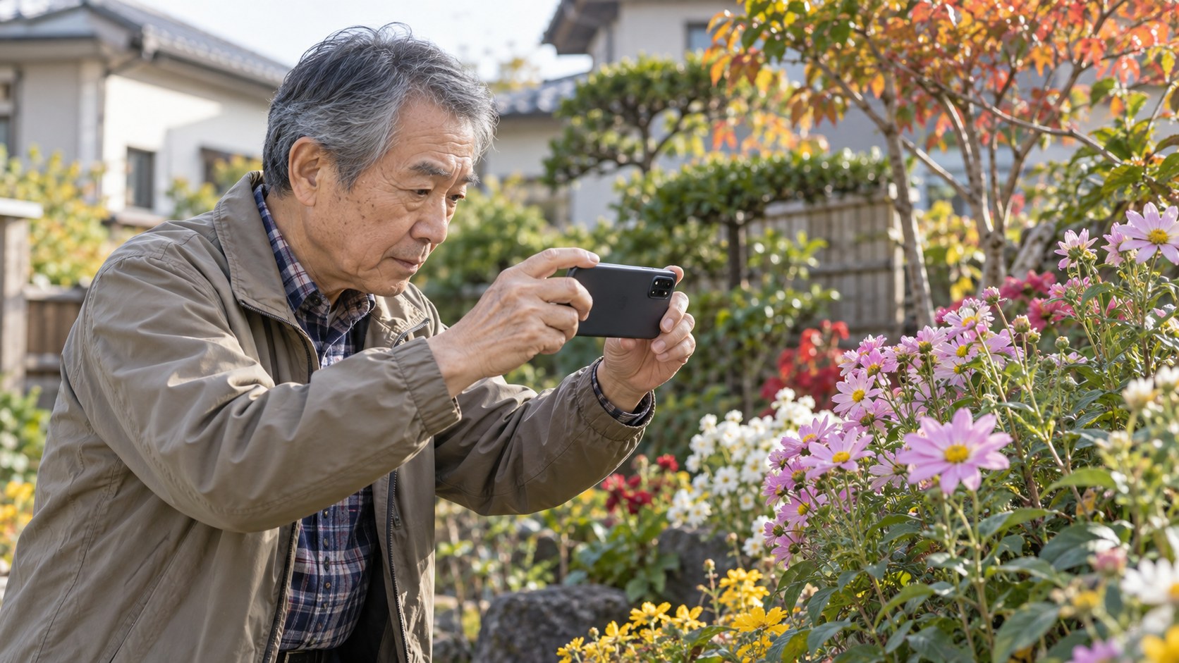 庭の花をスマートフォンで撮影するシニアの男性