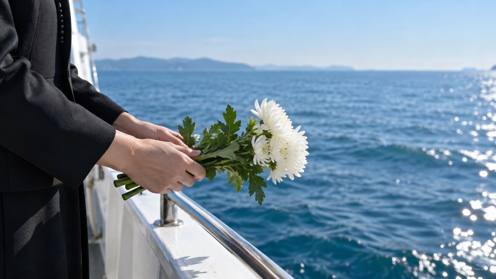穏やかな海を前に白い花を持つ遺族の手元