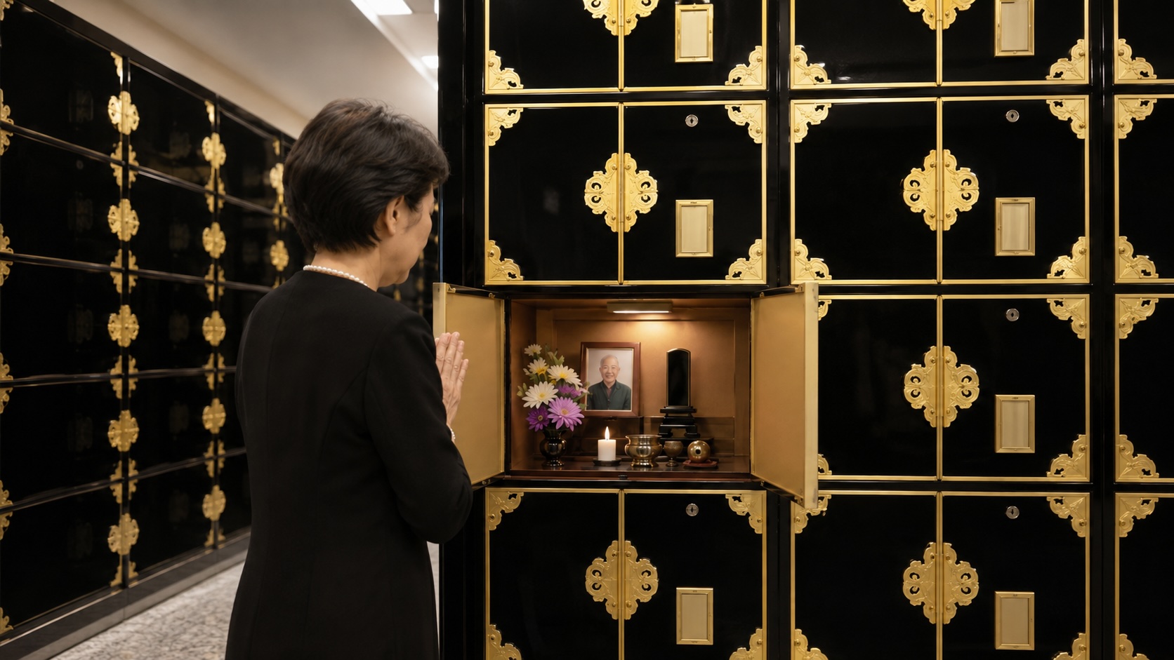 屋内の納骨堂で静かに手を合わせる女性