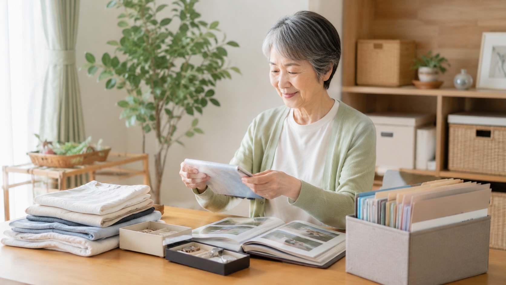 生前整理で衣類や写真、書類などを整理する高齢女性
