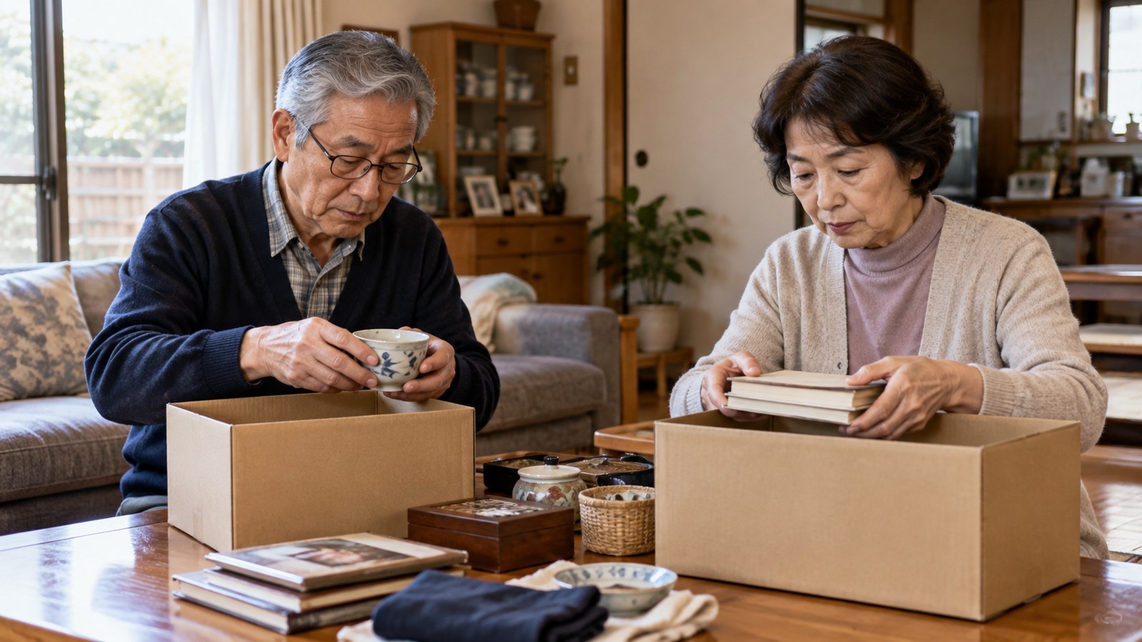 自宅で持ち物を整理するシニア夫婦