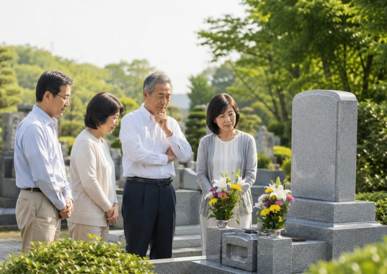 墓じまいを検討する家族がお墓の前で今後の供養について話し合う様子