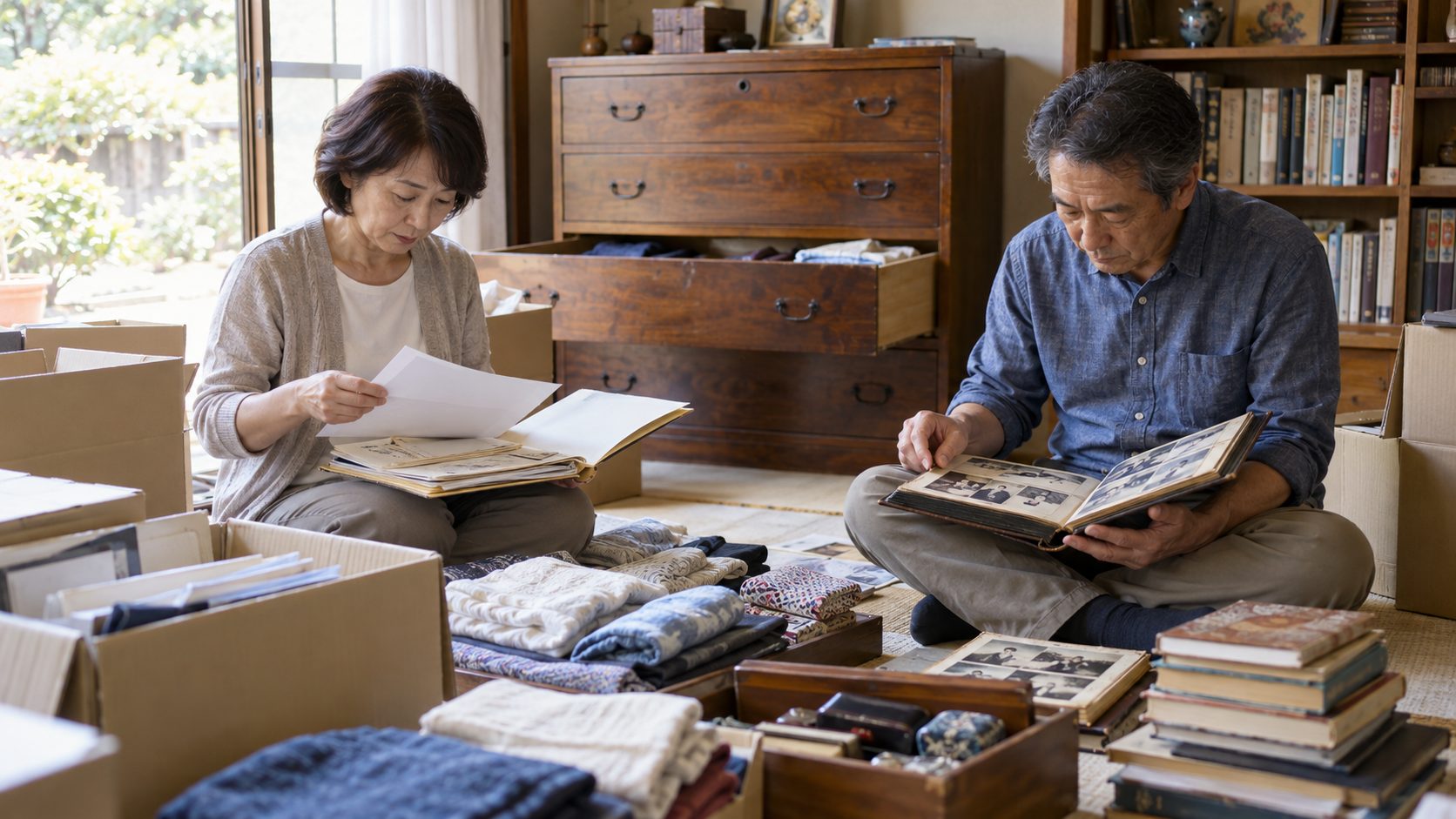 故人の書類や写真、衣類を仕分けながら遺品整理を進める兄妹