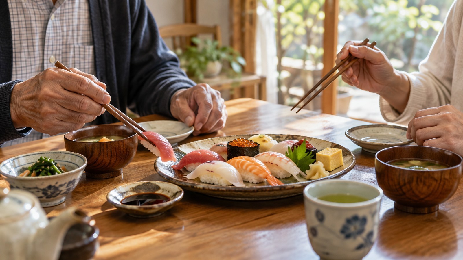 食卓の寿司と湯飲みを囲む家族の手元