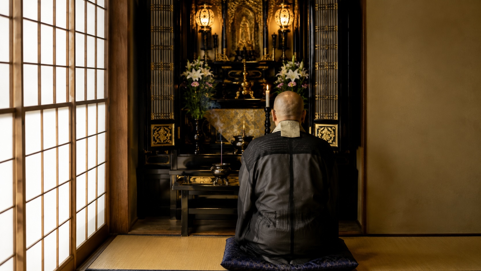年忌法要で仏壇に手を合わせる僧侶