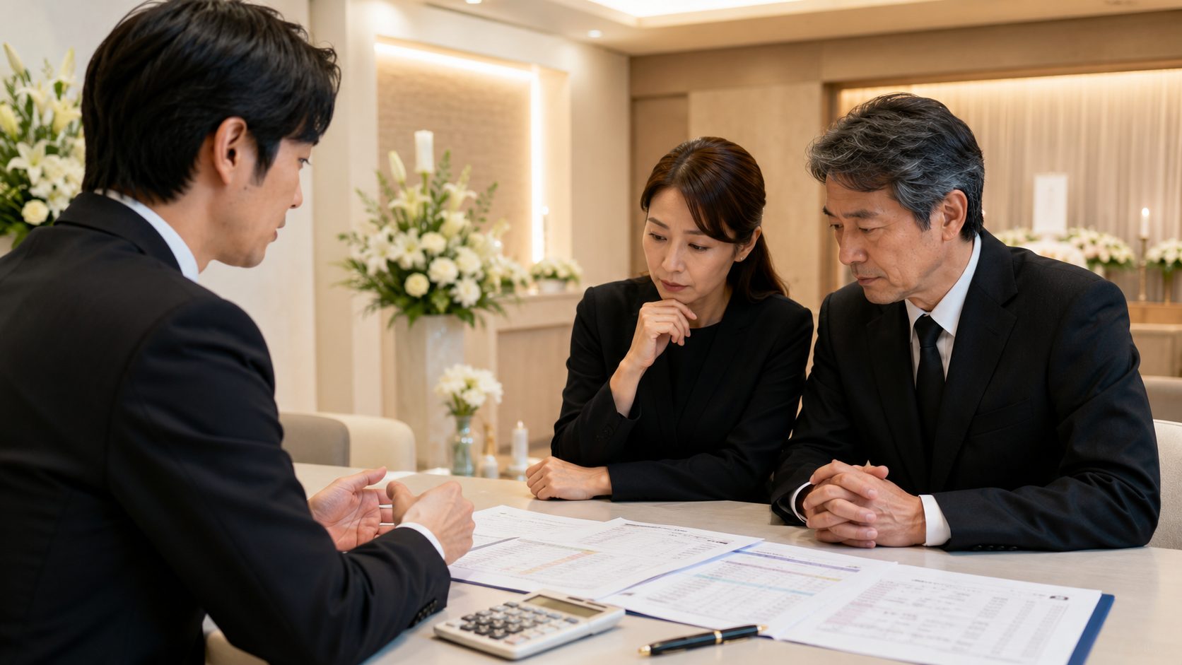 葬儀社の担当者から追加料金を含む見積書の説明を受ける家族
