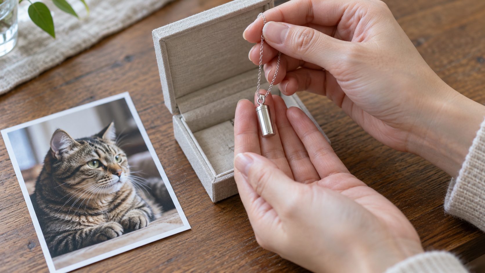 愛猫の写真のそばでメモリアルペンダントを手に持つ女性