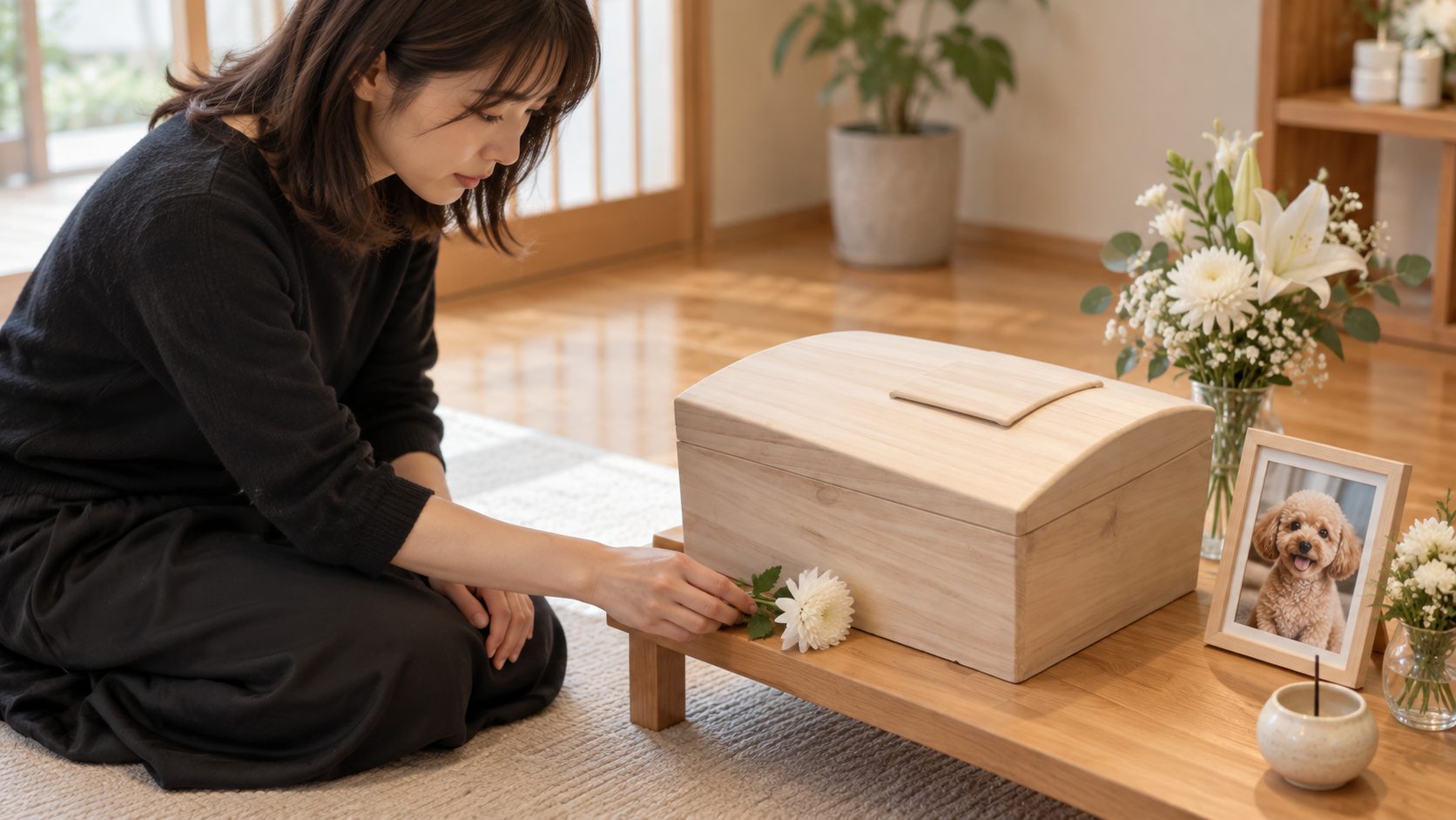 愛犬の写真を添えた小さなペット用の棺に花を供える女性