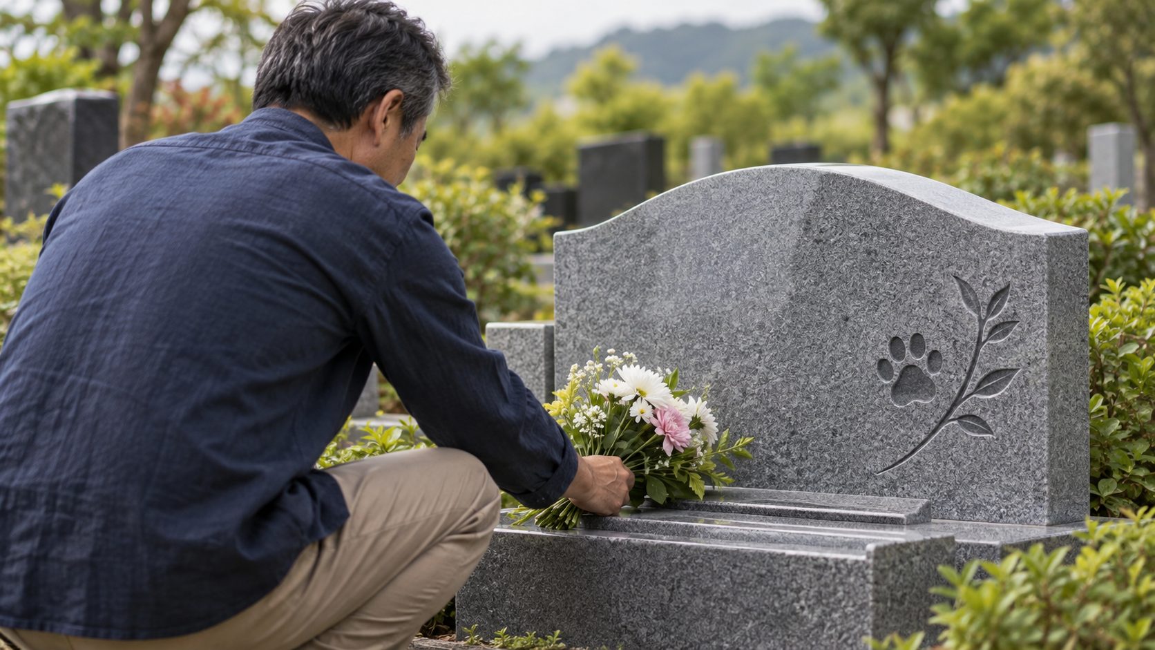 肉球と葉の模様を刻んだ墓石に花を供える男性