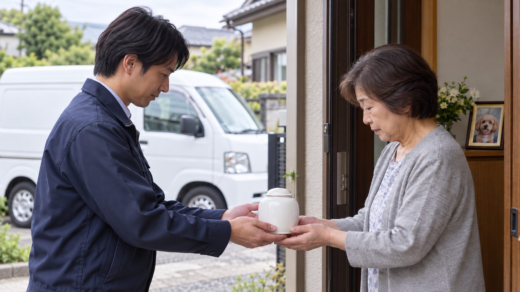 自宅の玄関で訪問火葬の担当者から小さなペット用骨壺を受け取る女性