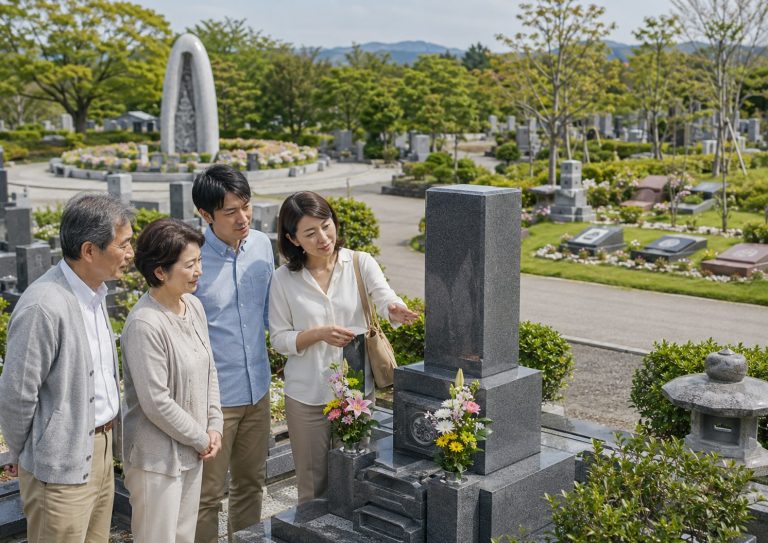 お墓を前に家族で今後の供養について話し合う様子
