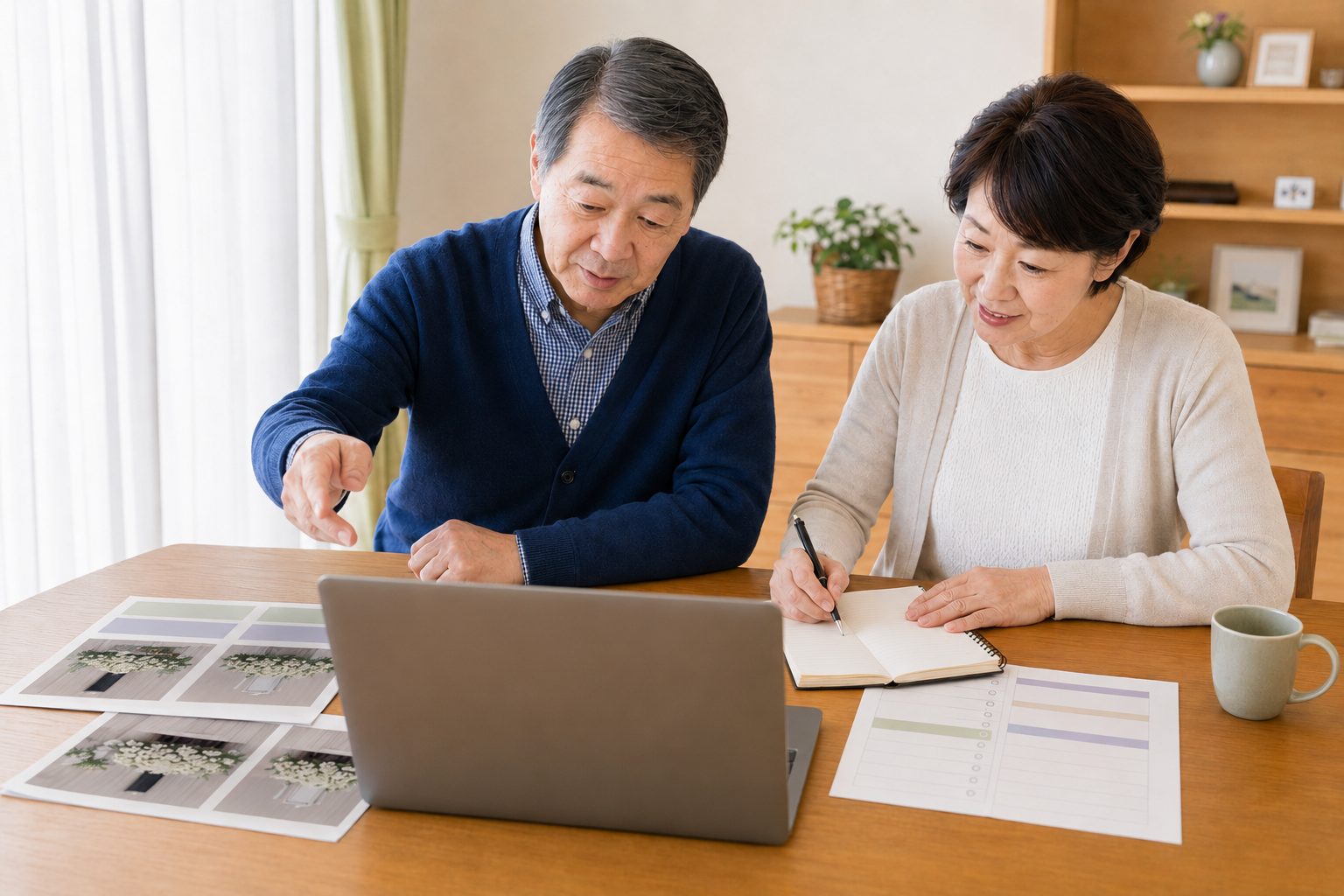 パソコンと葬儀社のパンフレットを見ながら葬儀の準備をする60代夫婦
