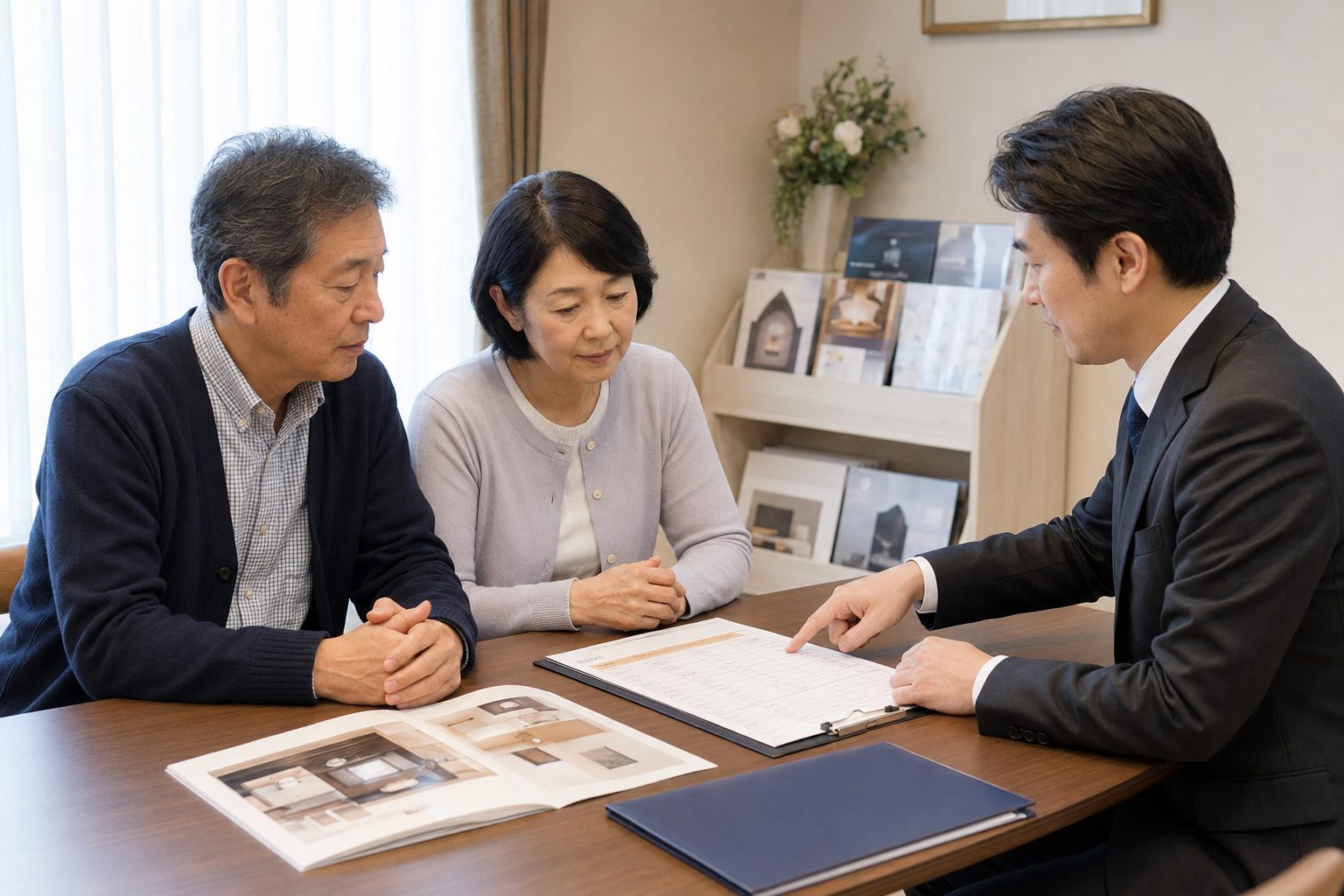 葬儀社の担当者から見積書の説明を受ける60代夫婦の写真