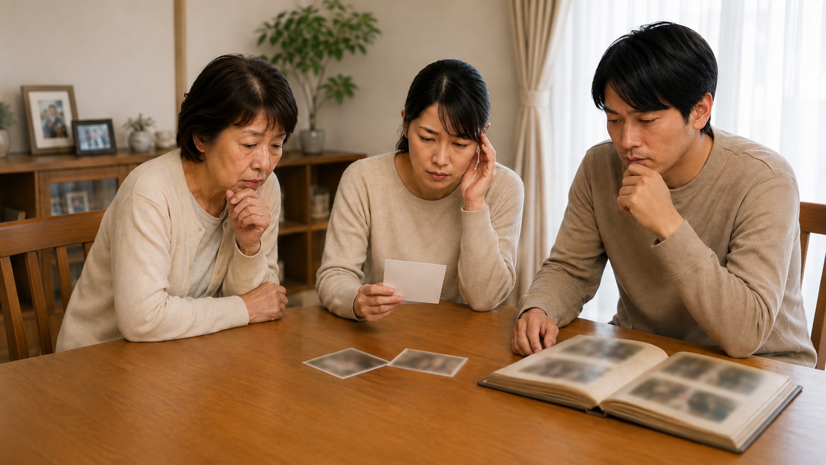 遺影写真が見つからず、家族がアルバムや写真を見ながら探している様子