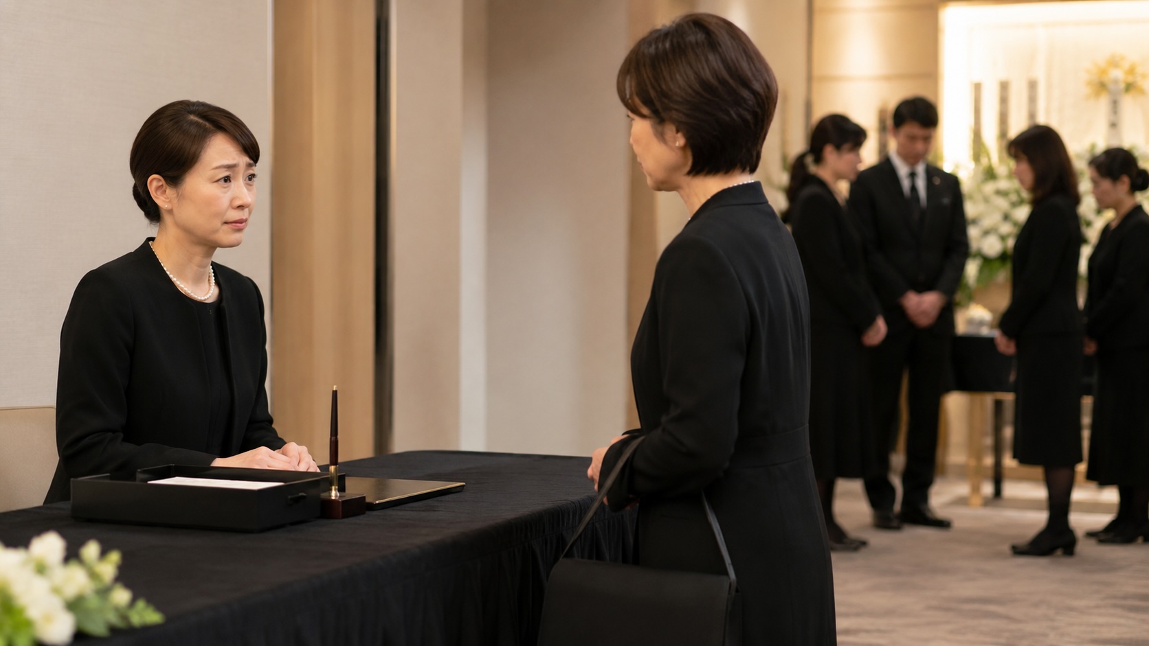 葬儀会場の受付で喪服の女性に対応する受付係