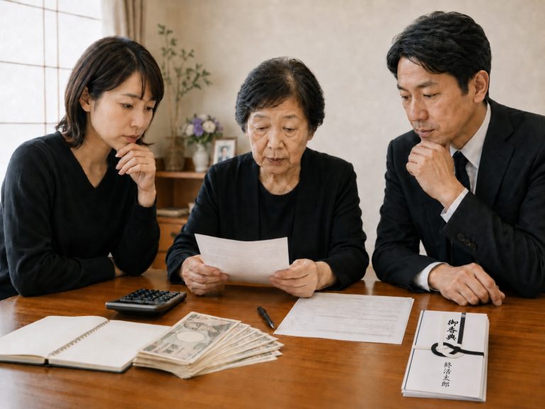 葬儀費用の負担方法を相談する遺族たち