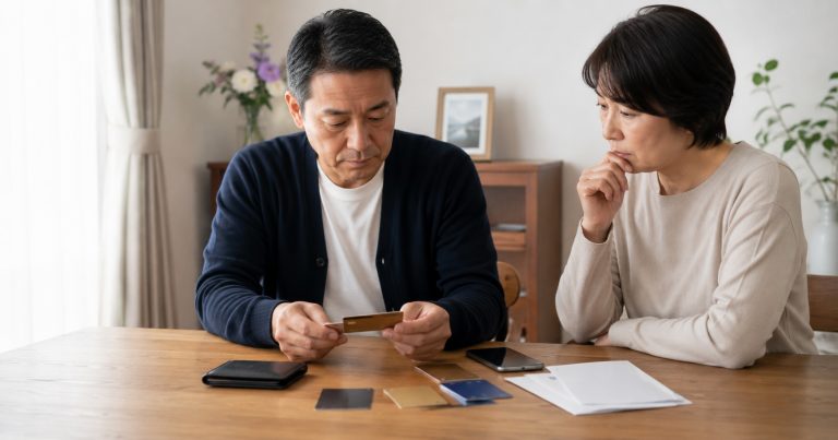 故人のクレジットカードを前に、解約手続きを検討する家族