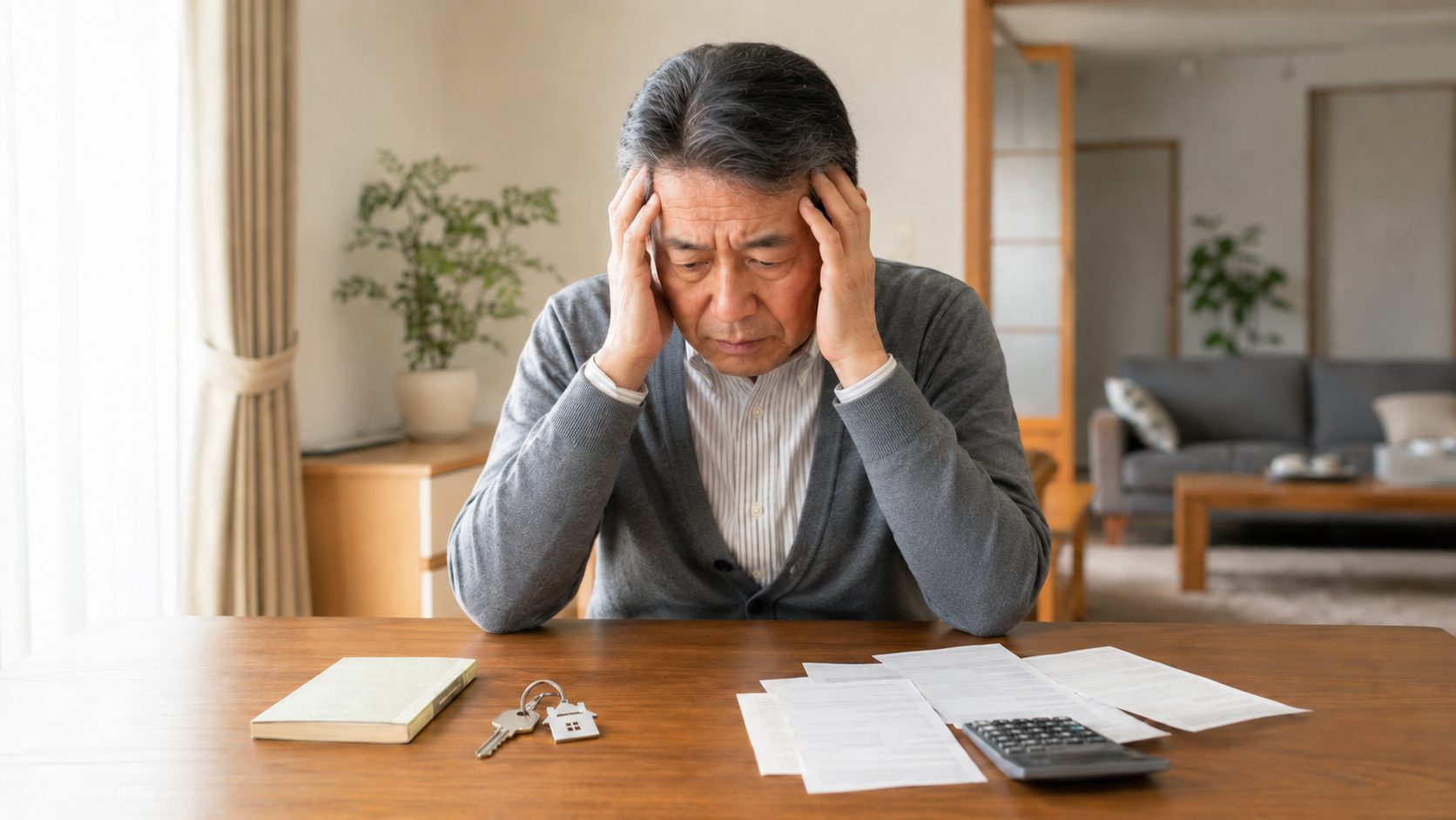 相続財産と借金の書類を前に相続放棄を検討する男性