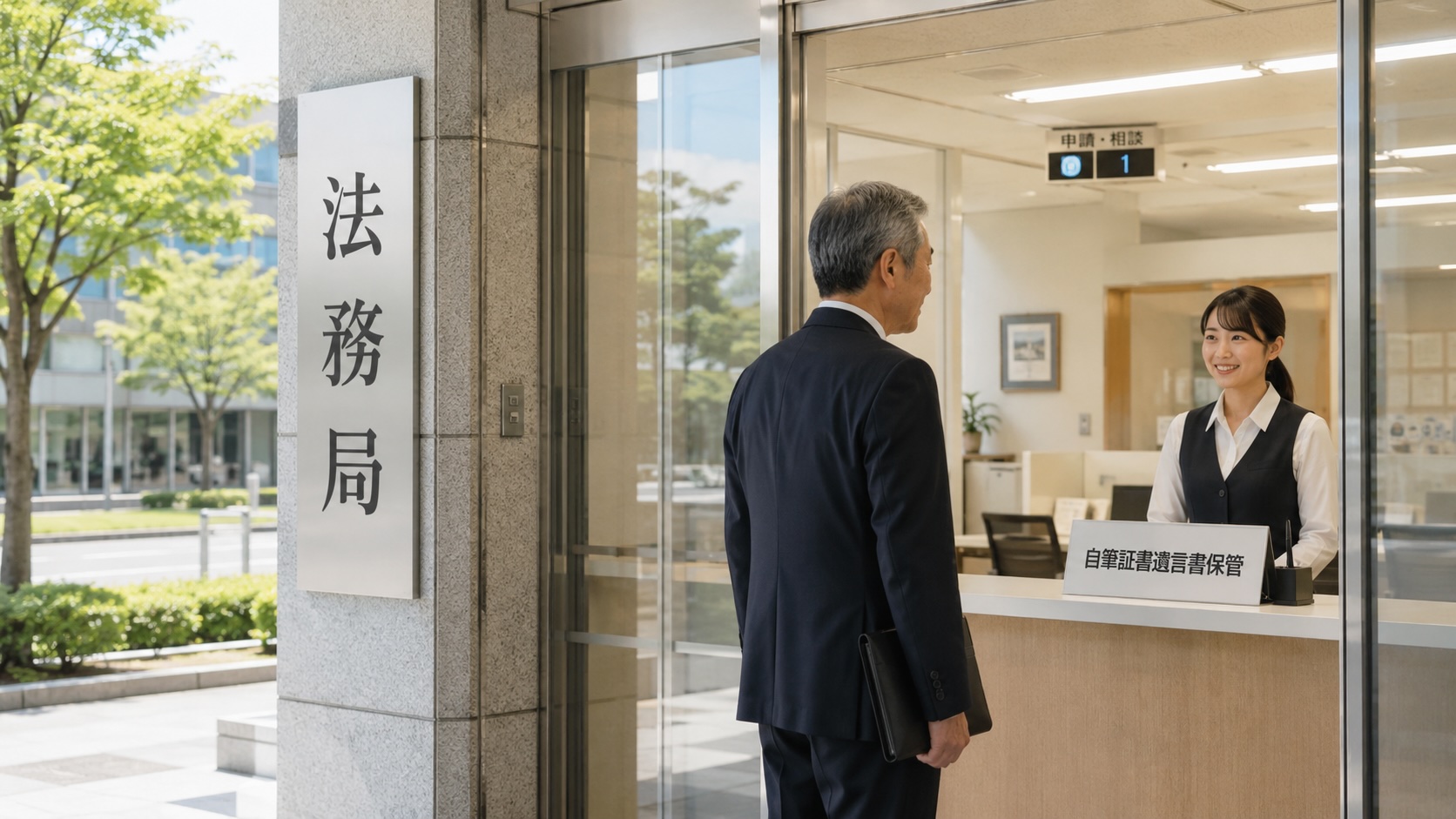 法務局の自筆証書遺言書保管窓口を訪れる男性